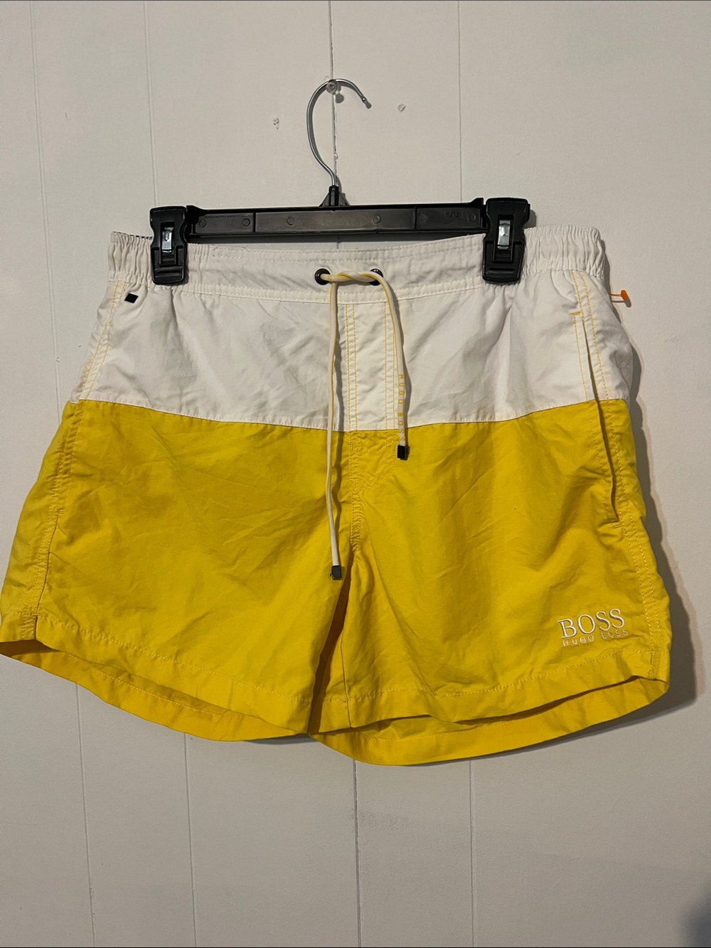 BOSS White and Yellow Colorblock Swim Shorts